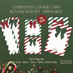 Pode incluir: Conjunto imprimível de cartões de biscoitos de Natal. O design apresenta cartões com laços vermelhos e verdes e listras diagonais. O texto "Christmas" está na parte inferior de cada cartão. Tamanho da página 21,6 cm x 27,9 cm.