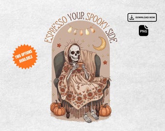 Halloween Skeleton PNG: Coffee & Pumpkin Design (Digital Download)