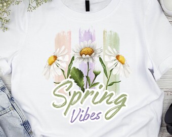 Spring Vibes PNG | Colorful Brush Strokes & Daisy Floral Design | Sublimation Digital Download