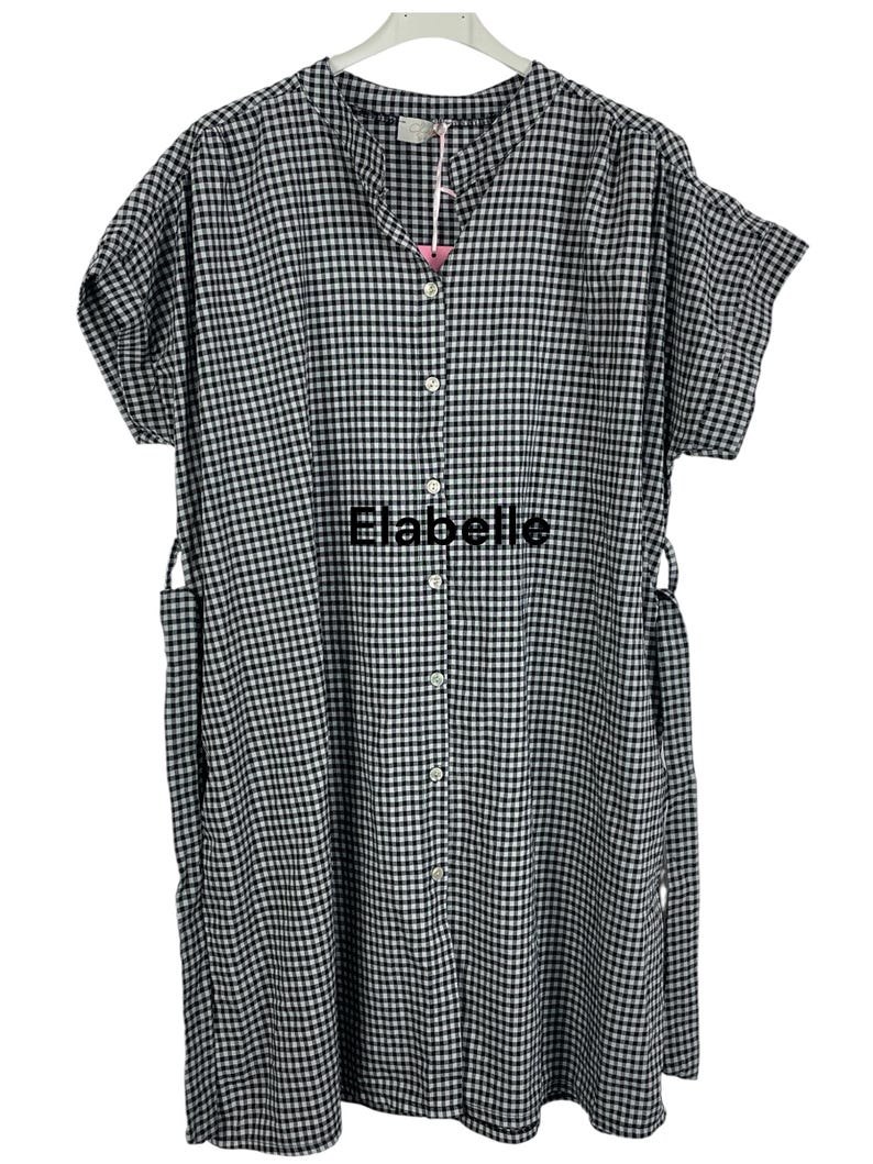 May include: A black and white gingham patterned dress with short sleeves and a button-down front. The dress has a mandarin collar and tie closures at the waist. The brand name "Elabelle" is printed on the front.