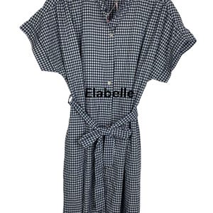 May include: A navy and white gingham print dress with short sleeves and a matching belt. The dress has a button-down front and a mandarin collar. The text "Elabelle" is visible on the dress.