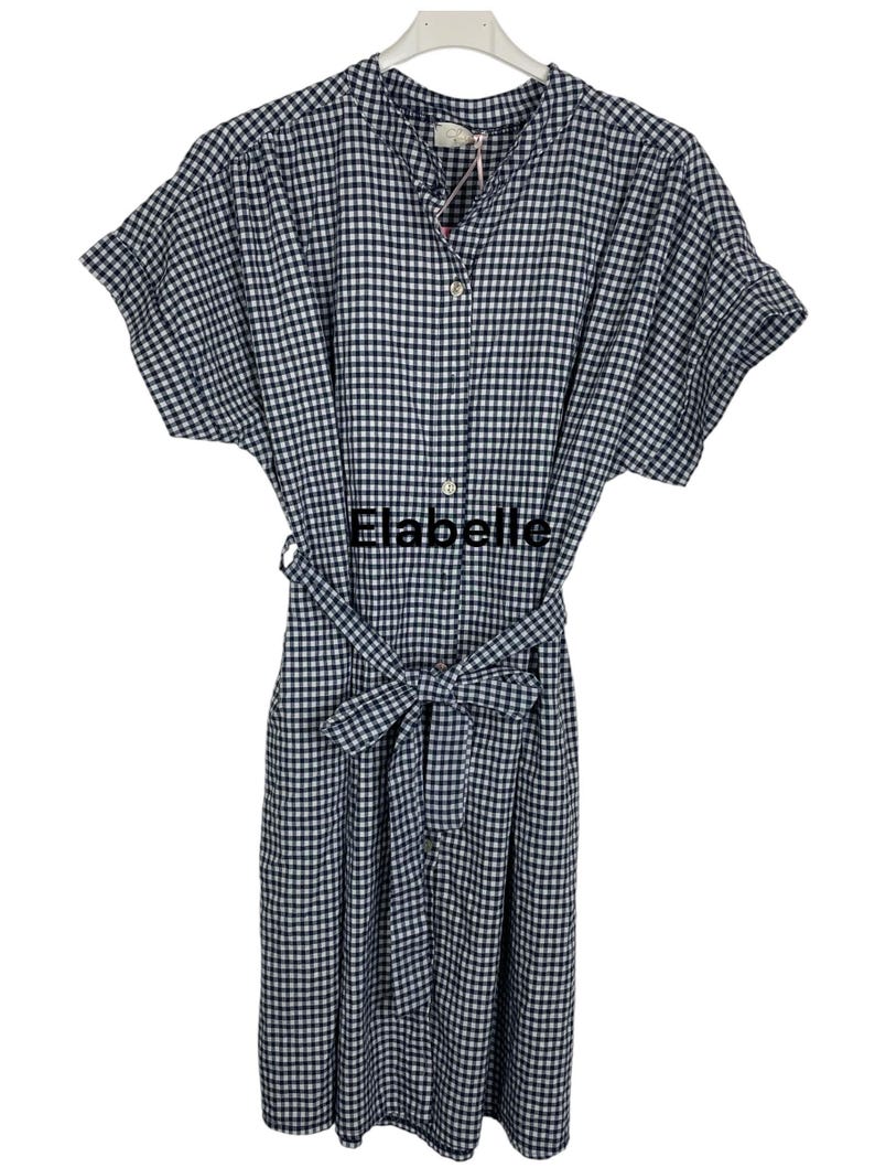 May include: A navy and white gingham print dress with short sleeves and a matching belt. The dress has a button-down front and a mandarin collar. The text "Elabelle" is visible on the dress.