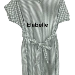May include: A light green and white gingham dress with short sleeves and a tie belt. The dress has a V-neck and the word "Elabelle" is printed on the front.