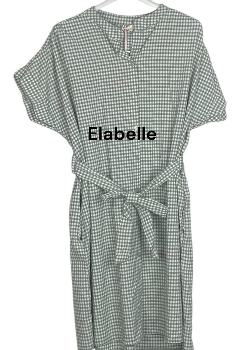 May include: A light green and white gingham dress with short sleeves and a tie belt. The dress has a V-neck and the word "Elabelle" is printed on the front.