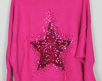 Popular Ladies Lagenlook Sequin Star Design Batwing Sleeve Comfy Ribbed Knit Jumper