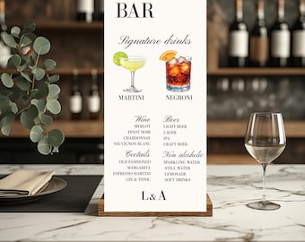 Moderne bruiloftsdrank menusjabloon Canva bewerkbaar barbord handtekening cocktailsignage receptie bar bord display digitale download