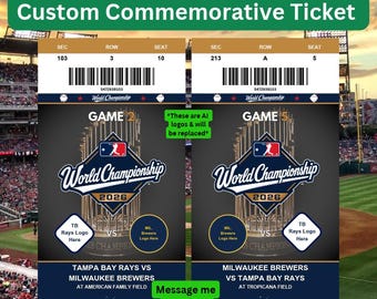 Op de afbeelding: Twee aangepaste herdenkingstickets voor de World Series 2026 tussen de Tampa Bay Rays en Milwaukee Brewers. De tickets tonen wedstrijddetails, barcodes, sectie-, rij- en stoelnummers, met tijdelijke aanduidingen voor teamlogo's en afbeeldingen.