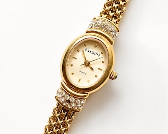 ELGIN “The Starlet” 1990s Gold-Tone Mesh Diamond-Accented Oval Face Quartz Bracelet Watch