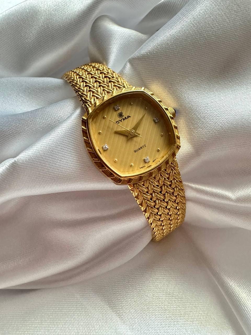 CYMA Vintage Yellow Gold Tone Diamante Ellipse Woven Bracelet