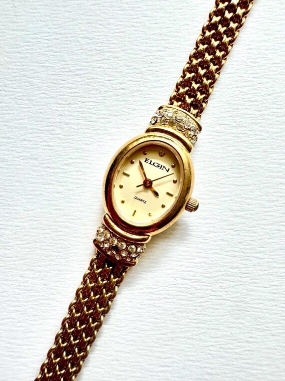 ELGIN “the Starlet” 1990s Gold-tone Mesh Diamond-accented  display picture 3