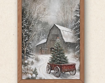 Vintage Winter Barn Christmas Tree Print | Snowy Farmhouse Art (Digital Download)