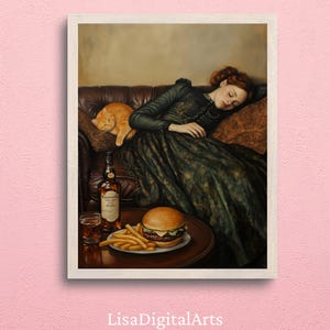猫とソファに座る女性 | 柔らかな色調の油絵 | カクテルアートバーカートの装飾 | 美しい油絵ギフト | おしゃれなキッチンの壁
