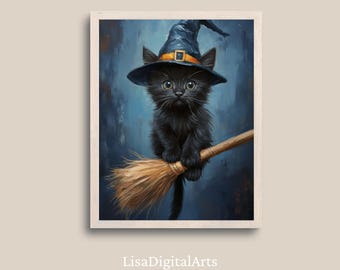 Black Cat Wall Art, Witch Cat Flying on Broom, Vintage Halloween Printable, Witchy Decor Digital Download