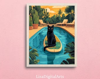 Puede incluir: Una impresión artística enmarcada representa un gato negro sentado en una tabla de surf en una piscina. El gato tiene ojos amarillos y está rodeado de agua, plantas y tumbonas. El fondo presenta una puesta de sol.