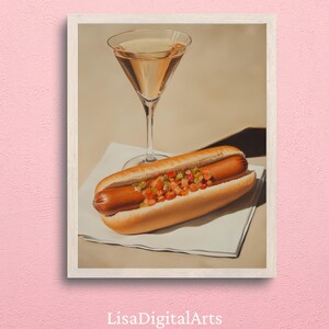 ホットドッグとマティーニのプリント：会話のきっかけとなる静物画、食べ物と飲み物の面白いアート、新築祝いのギフト、カクテルカートの装飾