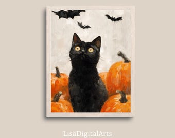 Black Cat Wall Art, Cat and Pumpkins Halloween Print, Spooky Season Vintage Poster, Digital Download