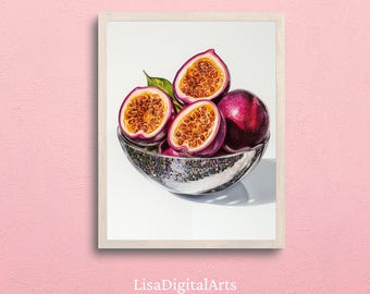 Utskrivbar väggkonst med passionsfruktmosaik, modern köksdekor med frukt, omedelbar digital nedladdning