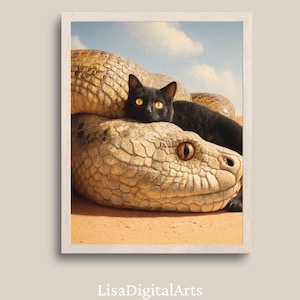 Schwarze Katze Python Wüste Kunst, mystische Schlange surreales Poster (Digitaler Download)