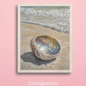 Arte playero de concha de nácar: decoración costera de lujo para pared, imprimible de concha iridiscente, póster oceánico neutro, lámina artística para baño de spa