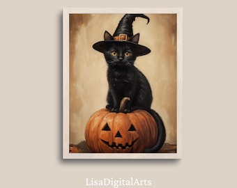 Black Cat Wall Art, Witch Cat on Jack O Lantern, Vintage Halloween Printable, Pumpkin Poster Digital Download