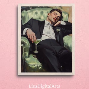 Man on Couch with Martini | Soft Tonal Oil Painting | Cocktail Art Bar Cart Decor | Aesthetic Oil Painting Gift | Trendy Kitchen Wall