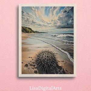 Sea Urchin Beach Wall Art – Coastal Nature Print, Moody Ocean Printable, Wild Beach Decor, Sea Life Art for Bathroom or Living Room