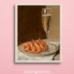 Shrimp Champagne Art Print | Seafood Coastal Dining Kitchen Wall Decor | Nautical Coastal Home Decor