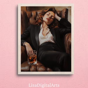 ウイスキーを片手にソファに座る女性 | 柔らかな色調の油絵 | カクテルアート バーカートの装飾 | 美しい油絵ギフト | おしゃれなキッチンの壁