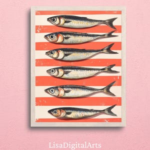 Sardine Kunstdruck Digital Download | Küsten meeresfrüchte Küche Dekor | Nautische Wandkunst zum ausdrucken