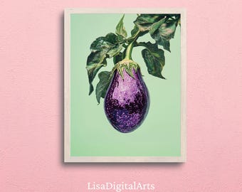 Disco Mosaic Eggplant Printable Wall Art, Purple Botanical Kitchen Decor, Instant Digital Download