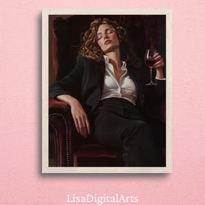 赤ワインを片手にソファに座る女性 | 柔らかな色調の油絵 | カクテルアートバーカートの装飾 | 美しい油絵ギフト | おしゃれなキッチンの壁