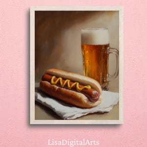 Hot Dog and Beer Print: Sztuka martwej natury w formie konwersacji, zabawna sztuka jedzenia i picia, prezent na parapetówkę, dekoracja wózka z koktajlami