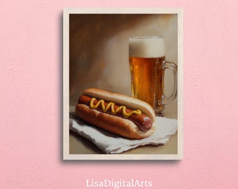 Funny Hot Dog and Beer Print: Still Life Food Art (Digital Download