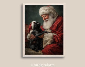 May include: A framed print depicts Santa Claus in a red suit and white fur trim, holding a black cat. Santa has a long white beard and is wearing a red hat with white trim. The cat is looking up at Santa. The image has a vintage, painterly style.