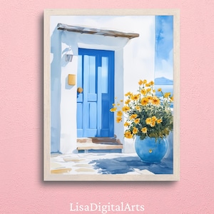 Mediterranean Blue Door Print: Greek Coastal Decor, Yellow Flowers (Digital Download)