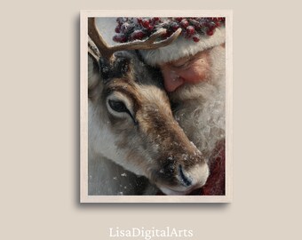 Kunst kerstman en rendieren | Kerstportretafdruk