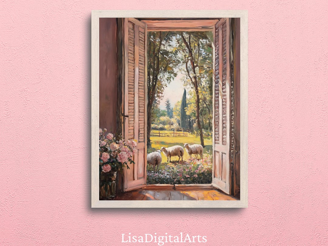 Farm Window View Poster, Rustic Countryside Wall Art With Sheep ...