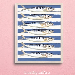 Sardine Kunstdruck Digital Download | Küsten meeresfrüchte Küche Dekor | Nautische Wandkunst zum ausdrucken