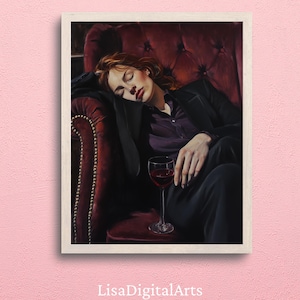 赤ワインを片手にソファに座る女性 | 柔らかな色調の油絵 | カクテルアートバーカートの装飾 | 美しい油絵ギフト | おしゃれなキッチンの壁
