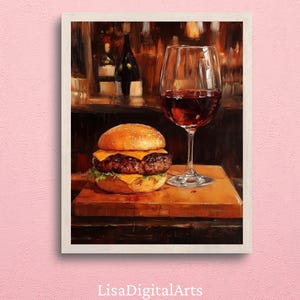 バーカートの装飾 | グルメバーガーと赤ワインのデジタルプリント | レトロなキッチンウォールアート | 印刷可能な食べ物の写真の装飾 | エレガントな油絵