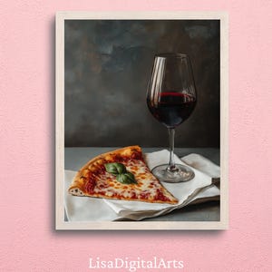 Wino i pizza wydruk sztuka ścienna, kuchenny wystrój prezent, Foodie grafika do jadalni lub baru, rustykalny wystrój domu, zabawny włoski plakat z jedzeniem