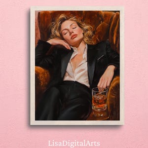 ウイスキーを片手にソファに座る女性 | 柔らかな色調の油絵 | カクテルアート バーカートの装飾 | 美しい油絵ギフト | おしゃれなキッチンの壁