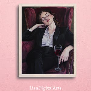 赤ワインを片手にソファに座る女性 | 柔らかな色調の油絵 | カクテルアートバーカートの装飾 | 美しい油絵ギフト | おしゃれなキッチンの壁