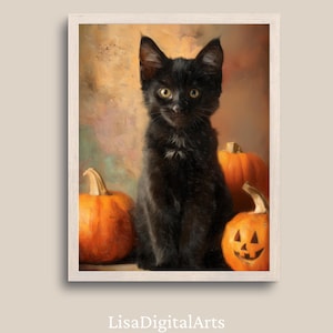 Black Cat with Pumpkin Painting | Printable Vintage Halloween Wall Art | Spooky Decor | Rustic Cottagecore | Retro Halloween Cat Print
