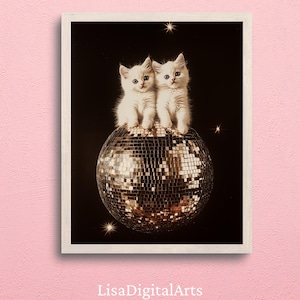Golden Disco Ball Kätzchen – Süßer Katzen Kunstdruck, Haustier Poster, Sternenklare Nacht Tier Wandkunst