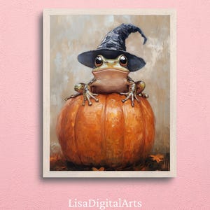 Halloween Frog on Pumpkin Wall Art | Whimsical Witch Hat Frog Print | Cute Halloween Animal Poster | Fall Cottagecore Decor Printable