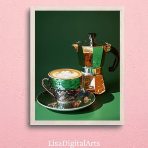 May include: A still life photograph shows a coffee cup and a stovetop espresso maker, both decorated with sequins. The cup contains a latte with a decorative foam design. The background is a solid green, and the image is framed.