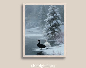 Black and White Swan Winter Wall Art, Snowy Lake Oil Painting Print