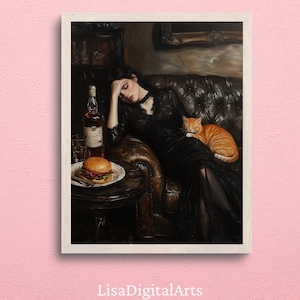 猫とソファに座る女性の油絵、キッチンやバーカートの装飾に最適な柔らかな色合いのウォールアート、カクテル愛好家への美しいギフト、トレンディなホームアート