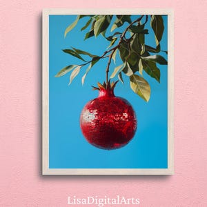 Disco Mosaic Pomegranate Printable Wall Art, Red Fruit Illustration, Modern Botanical Decor
